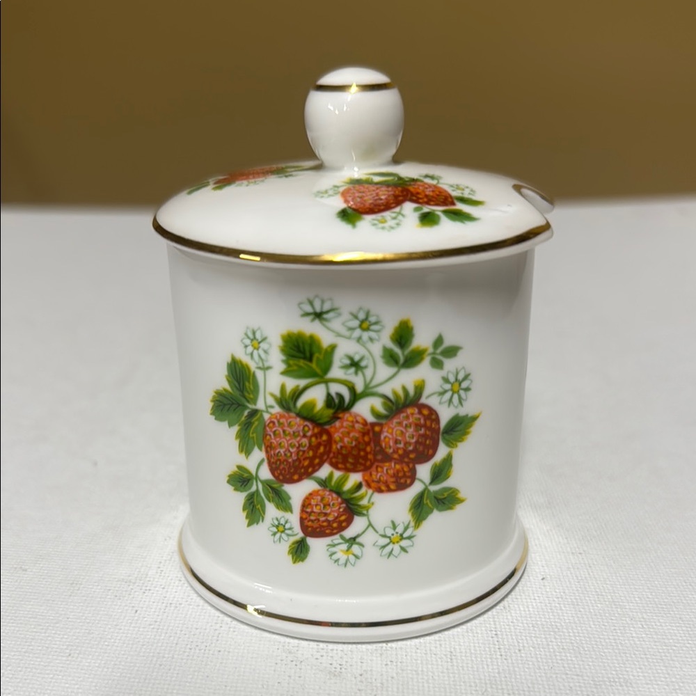 Strawberry Floral Fine China Jam~Preserves Pot Fortnum & Mason England 3”tall